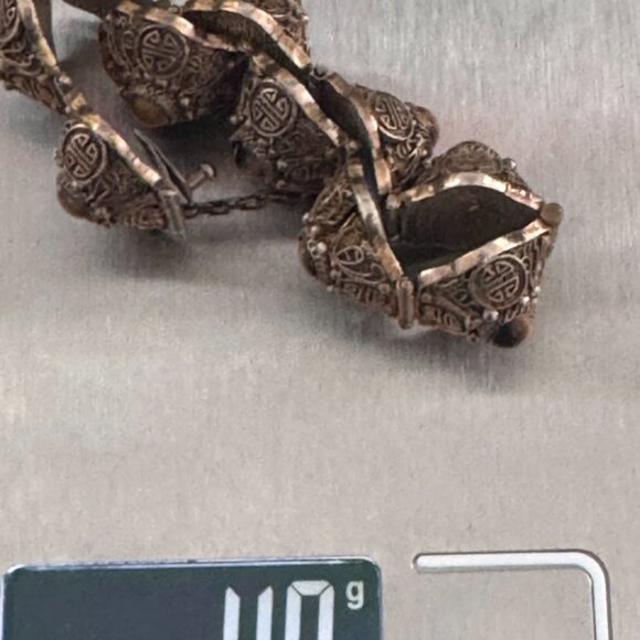 Vtg Chinese Export Bracelet Tiger's Eye Cabochon Silver Gilded Vermeil Filigree - Picture 16 of 16